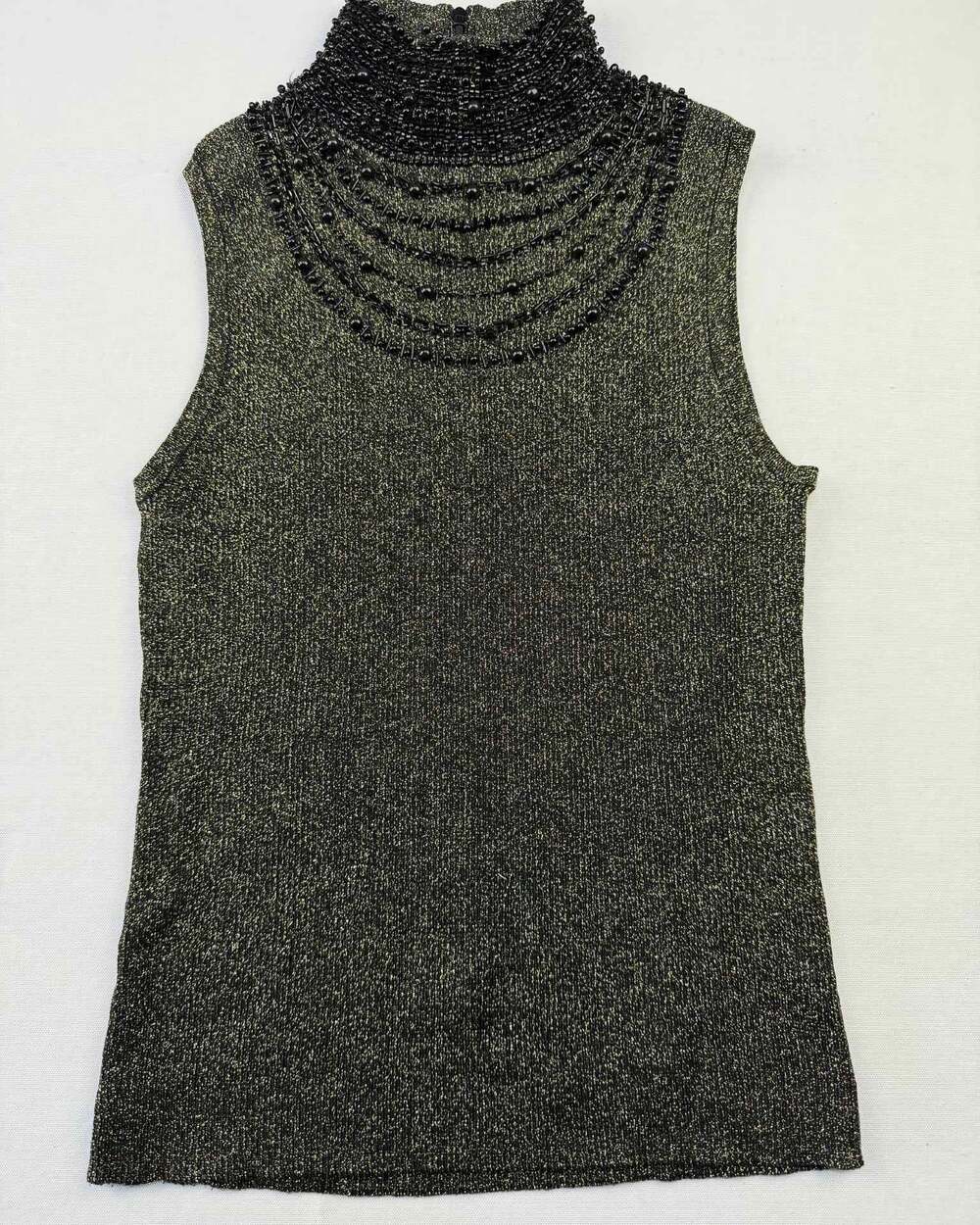 Evie Metallic Gold Silk Blend Beaded Mock Neck Sleeveless Blouse Size Medium